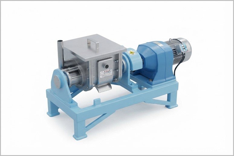 Blue motor connected to a gearboxed industrial machine mounted on a steel frame, for mechanical drive.