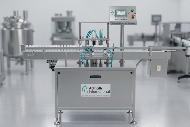 Automated stainless‑steel bottling line with a conveyor, filling station, and control panel in a clean factory setting.