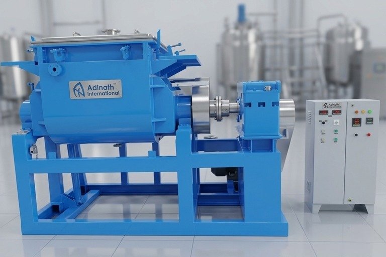 Blue industrial processing machine with a large cylindrical chamber on a sturdy frame, labeled Adinath International, connected to a separate control cabinet on the right.