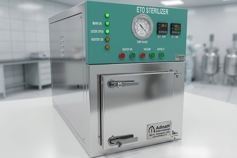 ETO sterilizer machine in a clean lab, stainless steel with green control panel and gauge on top, closed chamber door ready for operation