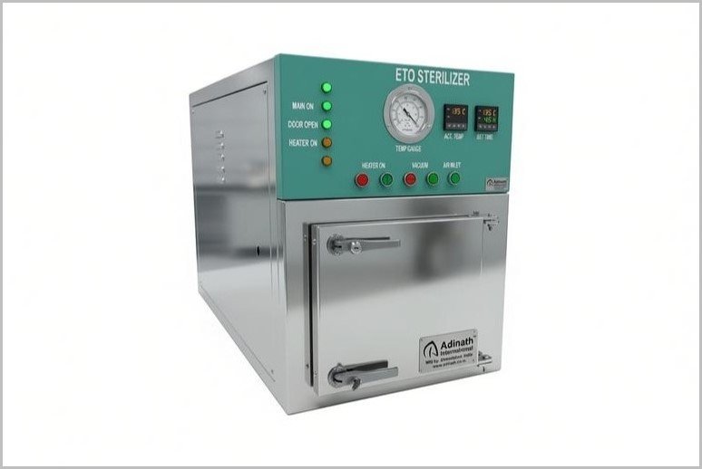 Stainless steel ETO sterilizer unit with a green control panel and indicator lights on the front.