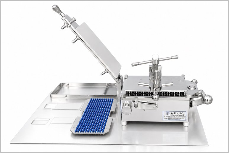 Industrial stainless steel tablet press with angled hopper and handle, mounted on a metal workbench. A blue-capped capsule rack sits nearby, suggesting pharmaceutical use.