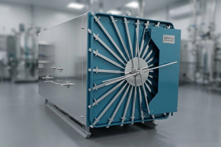 Industrial vault door with a blue front and radial spoke lock in a clean industrial setting.
