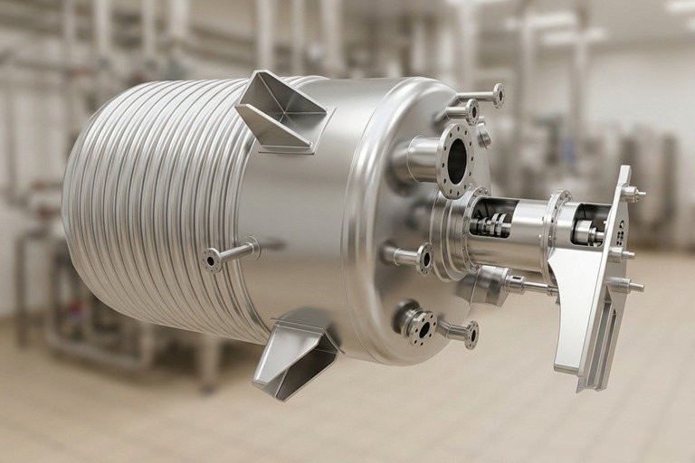 Stainless steel industrial pressure vessel with multiple flanges and a mounted assembly in a factory setting.