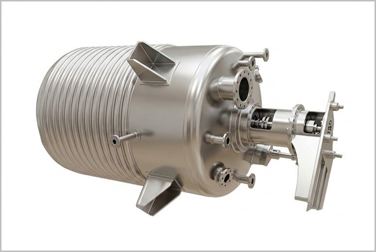 Large stainless steel industrial pressure vessel with a ribbed cylindrical body and attached flange connections and mechanical assembly on the end.