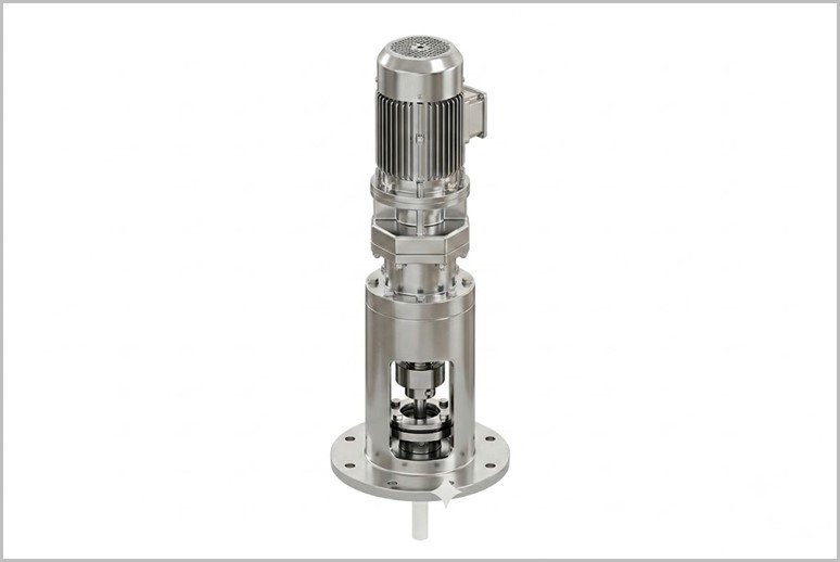 Vertical stainless steel centrifugal pump with top-mounted electric motor and bolted flange base