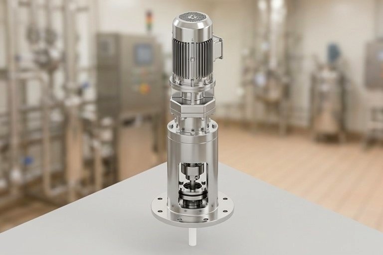 Vertical stainless steel motorized actuator mounted on a flange atop a precision valve in a clean lab setup, ready for a process control test.