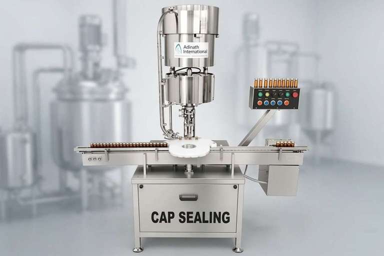 Automatic cap-sealing machine on a stainless table with a rotary cap chute and control panel on the right
