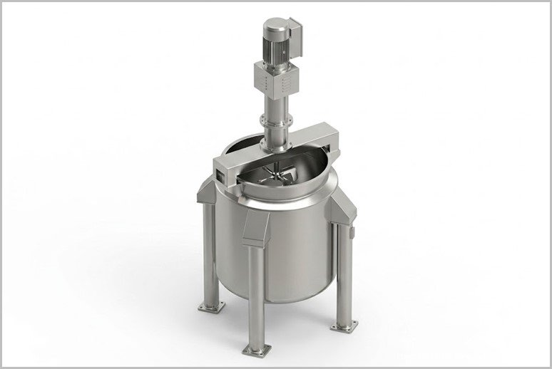 Industrial stainless steel mixing tank with top-mounted motor and central agitator on a four-legged stand