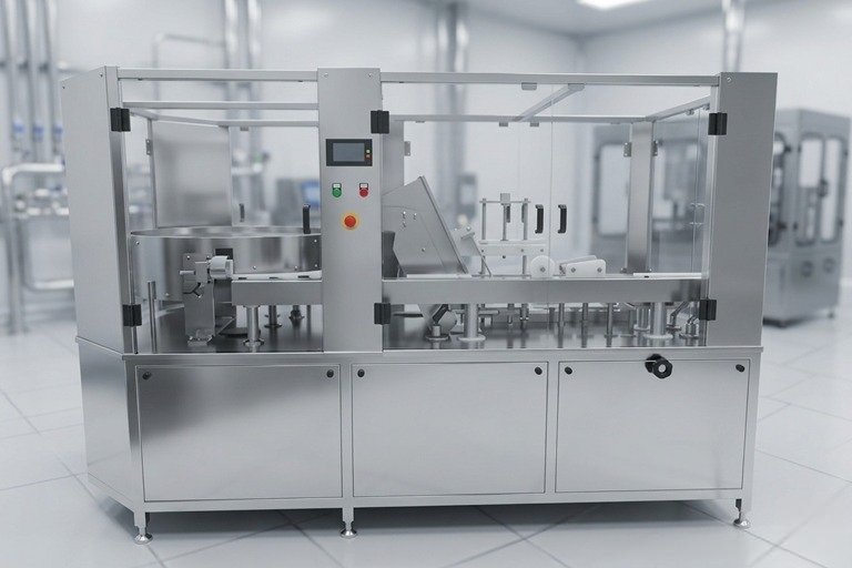 Industrial stainless steel packaging machine in a clean laboratory, enclosed safety guards and a control panel with display and buttons.