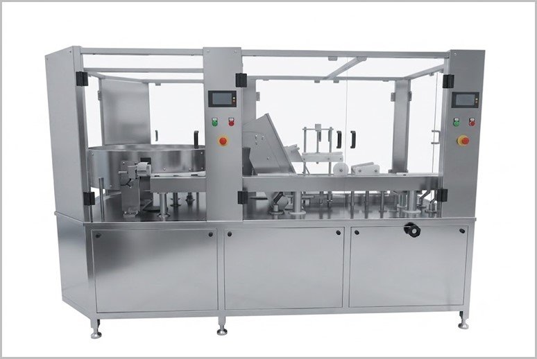 Automated stainless steel packaging machine with enclosed working area and control panels on either side.