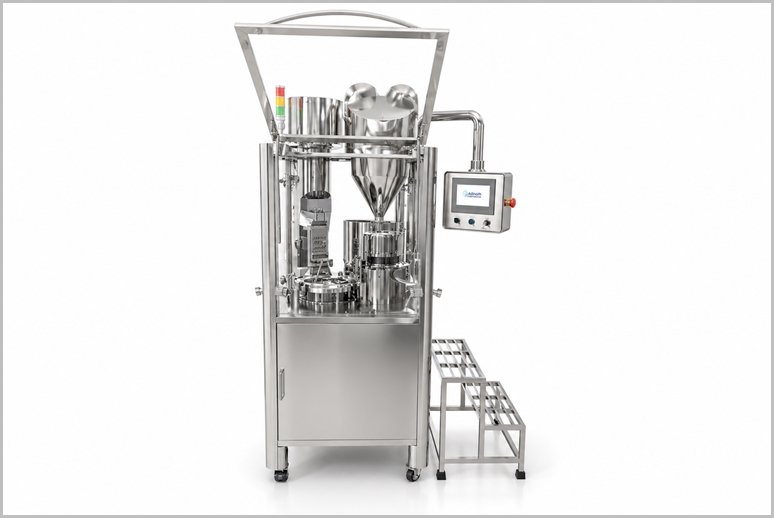 Stainless steel liquid filling machine with hopper, vertical frame, and a right-side touchscreen control panel.