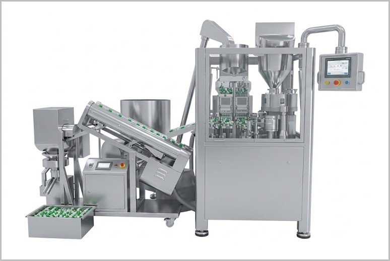 Automated pharmaceutical bottling and packaging line with conveyor, stainless steel frame, and touchscreen control panel.
