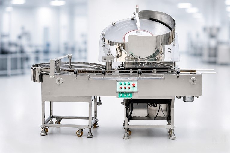 Automated stainless-steel packaging machine with a circular top hopper in a clean factory setting.