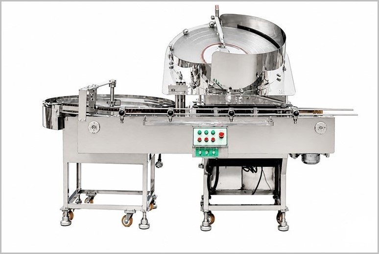 Stainless steel packaging machine with a circular rotary chamber and conveyor belt, mounted on a wheeled frame with control panel buttons in the center.