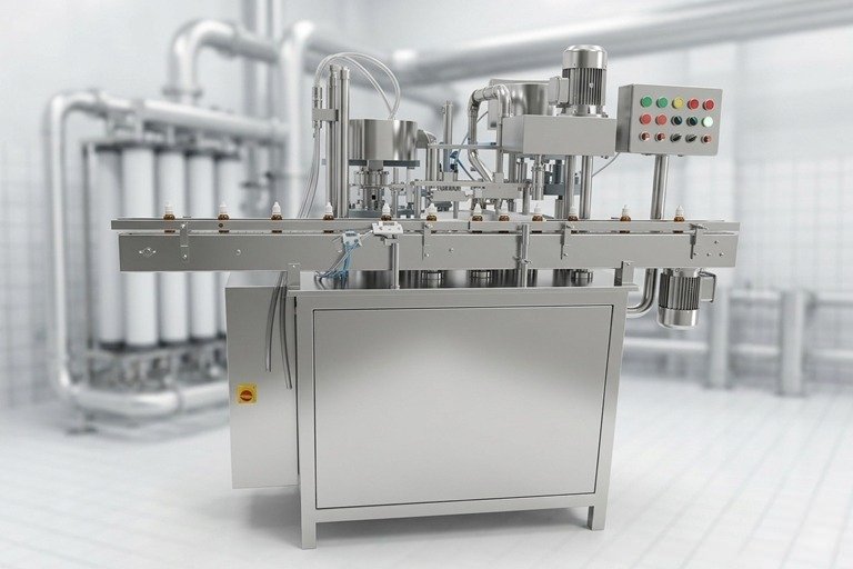 Industrial stainless-steel filling or packaging machine with control panel in a hygienic factory setting, conveying automated production
