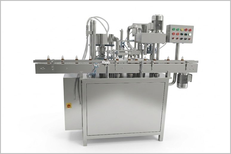 Industrial stainless-steel filling/packaging machine with conveyor and control panel for automated bottling or packaging processes