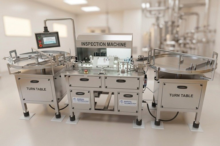 Stainless steel inspection machine in a cleanroom with two circular turntables and a central control panel labeled INSPECTION MACHINE.