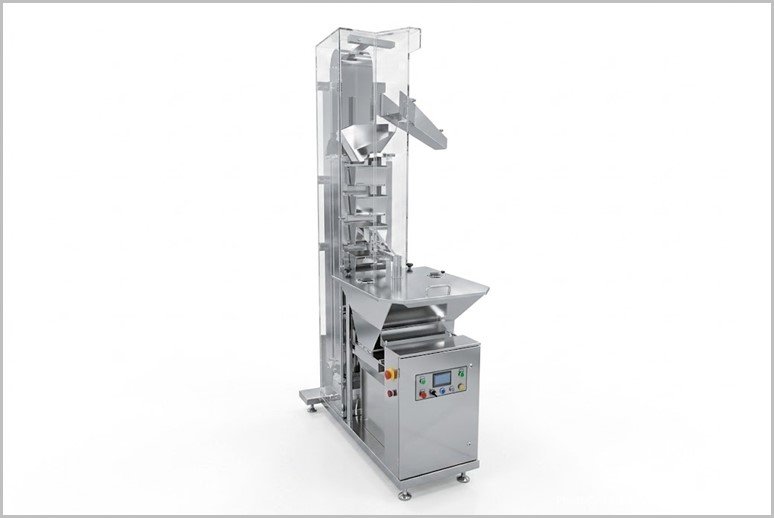 Vertical form-fill-seal packaging machine in stainless steel with control panel and protective guard.