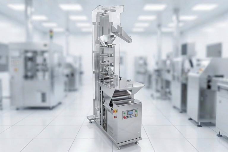 Vertical form-fill-seal packaging machine in a clean factory room, stainless steel, on wheels, ready for automated packaging tasks