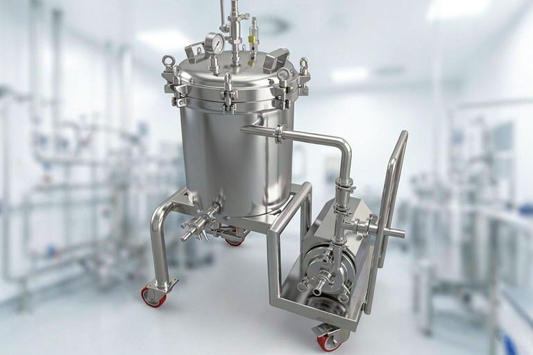 Stainless steel lab reactor on a wheeled frame with gauges and piping in a clean laboratory setting