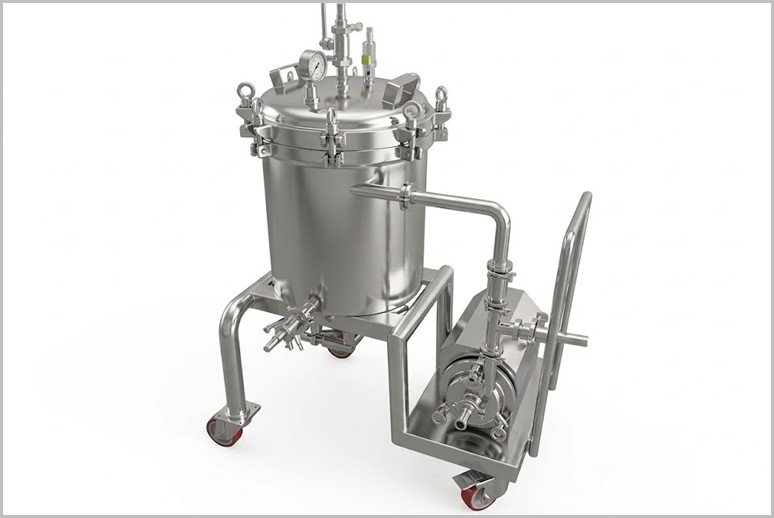 Portable stainless steel reactor on a wheeled frame with clamps and connected pump system