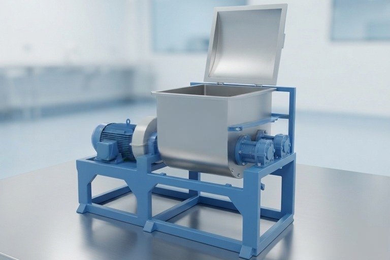 Industrial mixer with a blue metal frame and large stainless steel hopper, mounted on a base with a motorized drive on the side (lab or workshop setting).