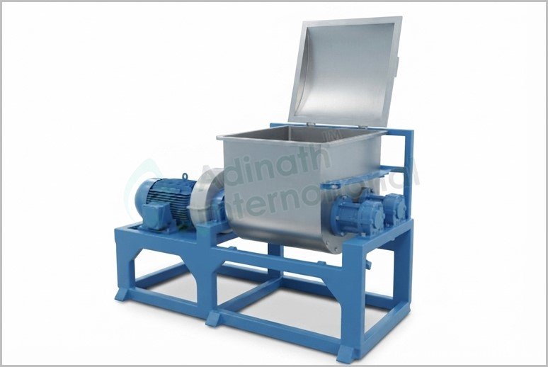 Industrial mixer with a blue frame and a stainless steel hopper, lid open, mounted on a sturdy blue base.