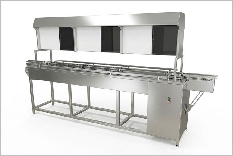 Industrial stainless-steel conveyor line with an overhead hood, used for continuous processing in manufacturing (e.g., baking, drying, or washing).