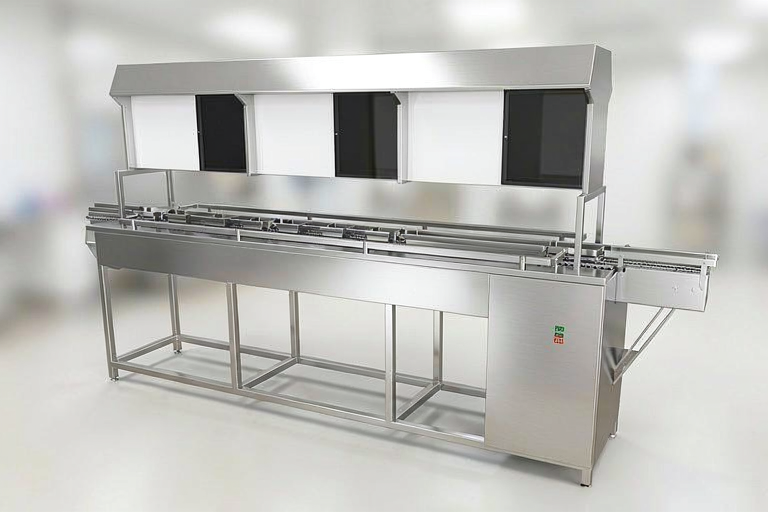 Industrial stainless steel conveyor wash/sterilize unit with an overhead hood and multiple access windows