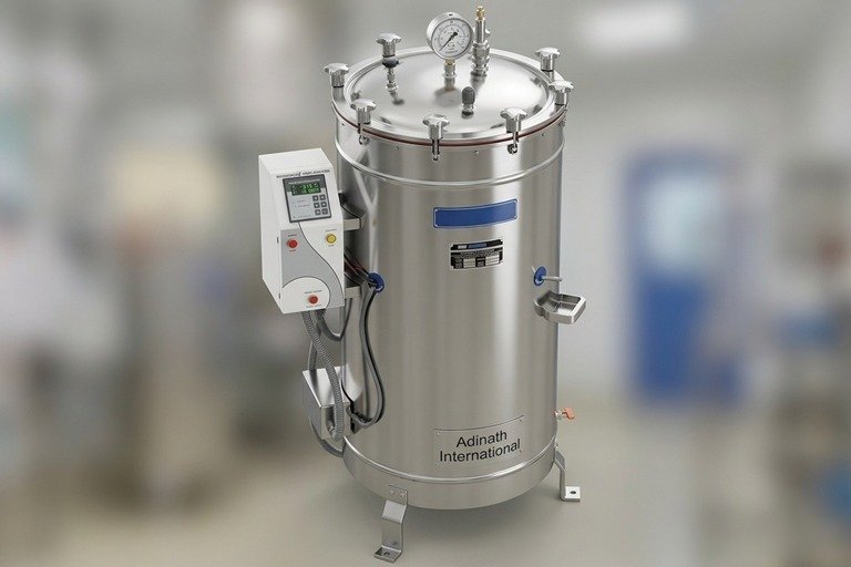Stainless steel industrial autoclave with pressure gauge and digital control panel in a lab setting