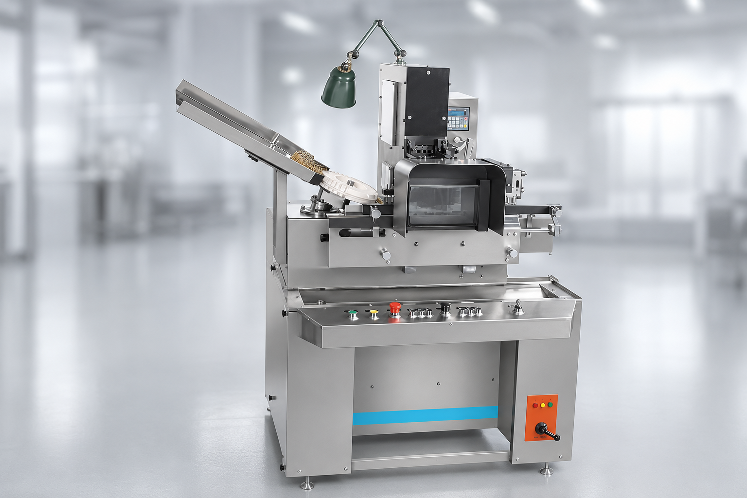 Stainless steel industrial packaging machine with a conveyor belt and control panel in a clean factory setting.