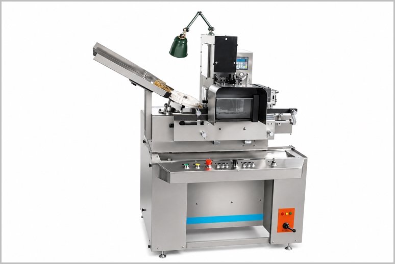 Industrial stainless steel packaging machine with conveyor and control panel, shown from the front-left side. Variants: includes an inclined feeding chute and a small green lamp above the machine.