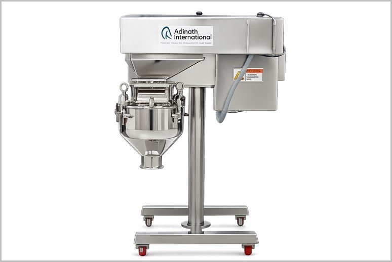 Industrial stainless steel mixer on a wheeled stand with Adinath International branding, suited for commercial use