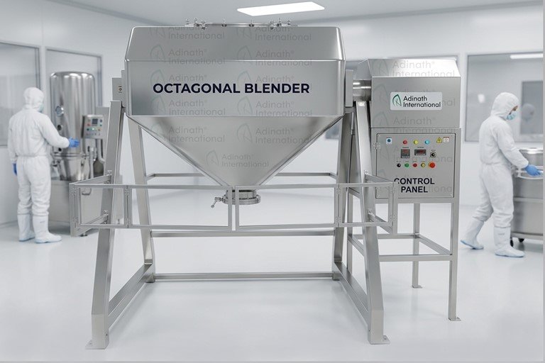 Industrial octagonal blender in a stainless steel frame in a pristine laboratory, with two technicians in cleanroom suits in the background