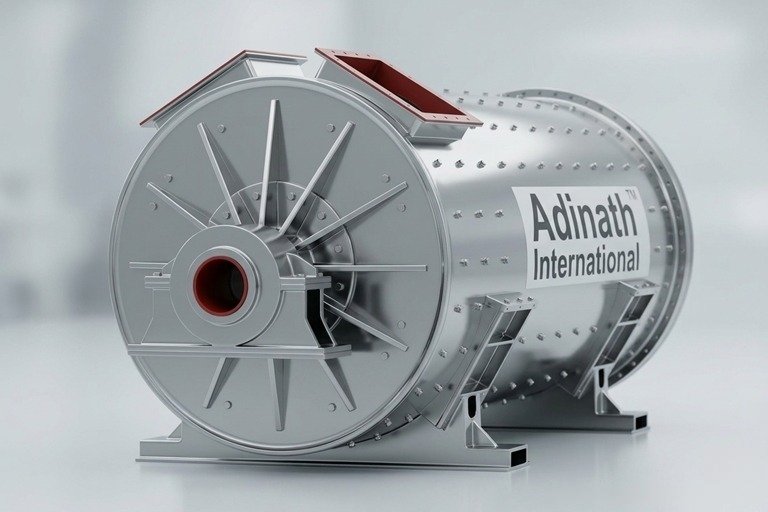 Industrial cylindrical industrial machine with riveted panels and red-edged opening, labeled Adinath International.