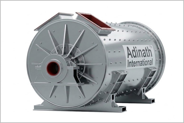 Industrial rotary drum machine with Adinath International branding on a white background.