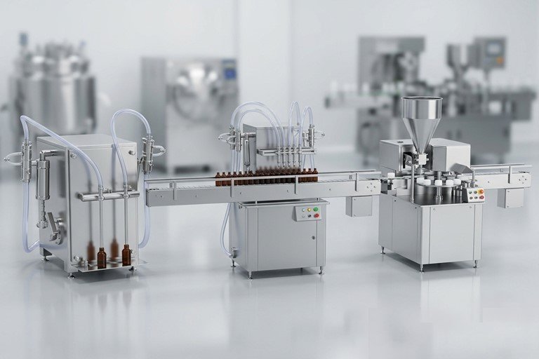 Automated bottling line in a clean factory, with bottles moving along a conveyor through filling and capping stations.