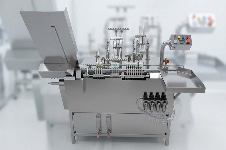 Automated stainless steel filling machine with multiple filling heads, tubing, and a touchscreen control panel on the right.