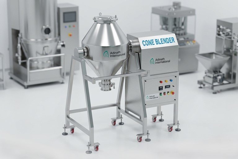Stainless steel cone blender on a wheeled frame with a control panel; sign reads 'CONE BLENDER' in a clean lab setting.