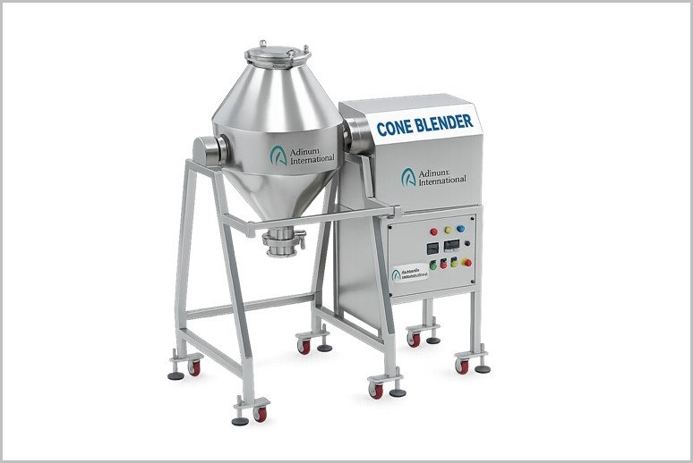 Industrial cone blender/mixer on a wheeled frame, labeled Cone Blender, used for powder mixing in processing industries.