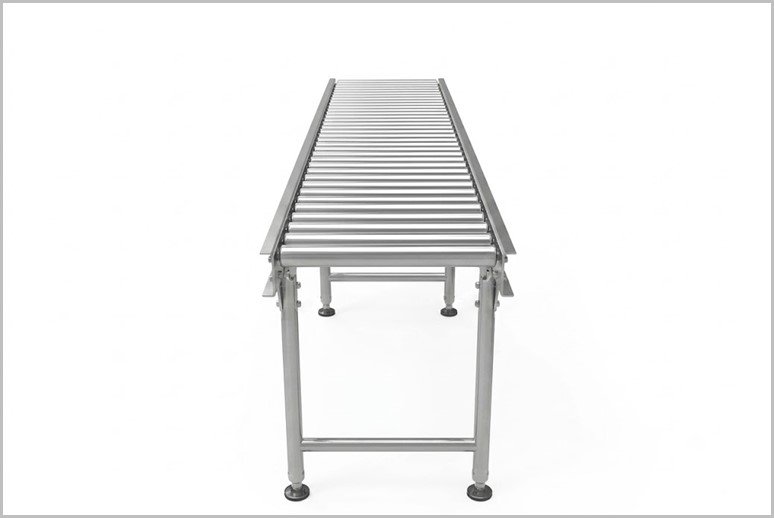 Metal roller conveyor table with evenly spaced cylindrical rollers on a frame, standing on four legs against a white background.