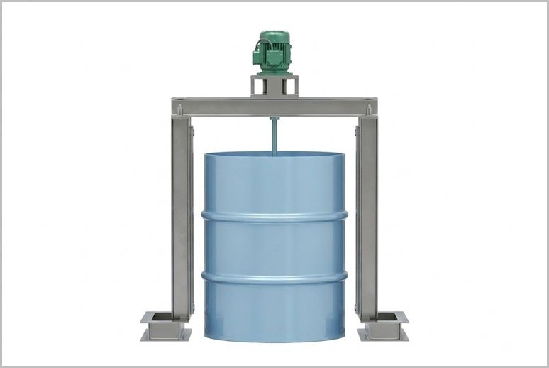 Industrial drum mixer: a blue 55-gallon drum mounted in a metal frame with a motorized top drive.