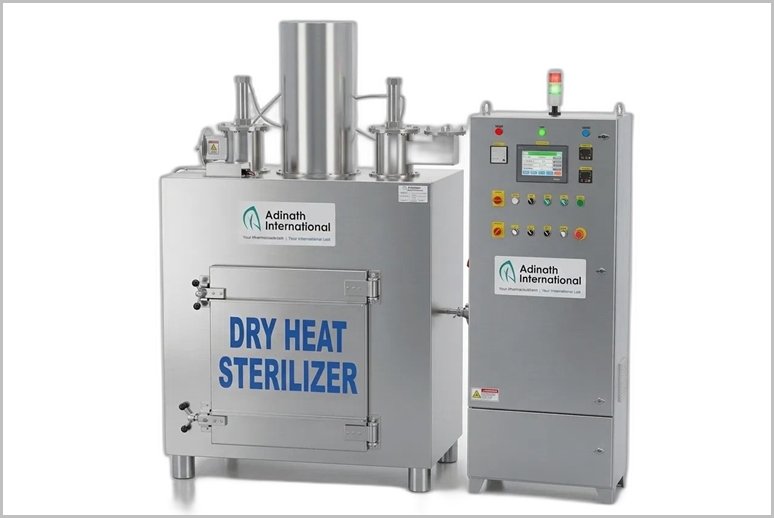 Industrial dry heat sterilizer unit with control panel on the right; front door labeled 'DRY HEAT STERILIZER' and Adinath International branding visible. Suited for sterilization equipment context.