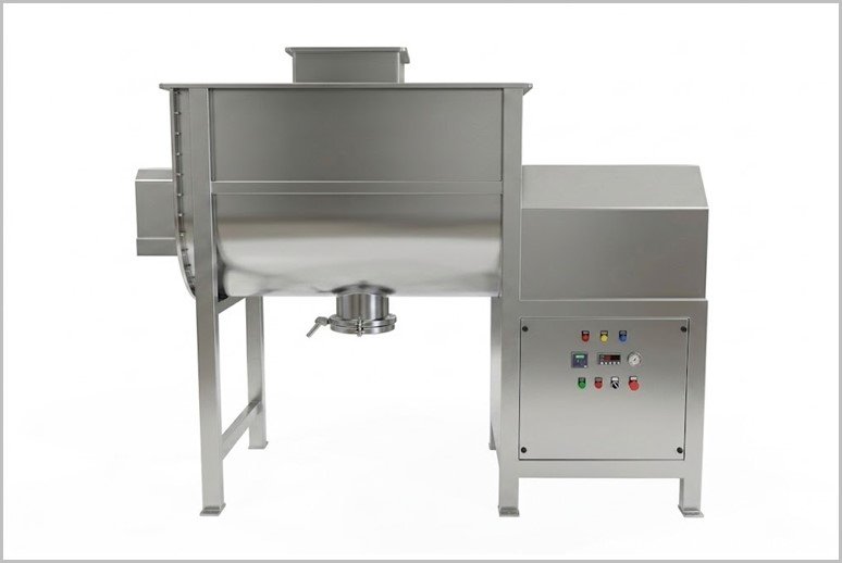 Industrial stainless steel mixer or tumbler with control panel on the right, mounted on legs for processing.