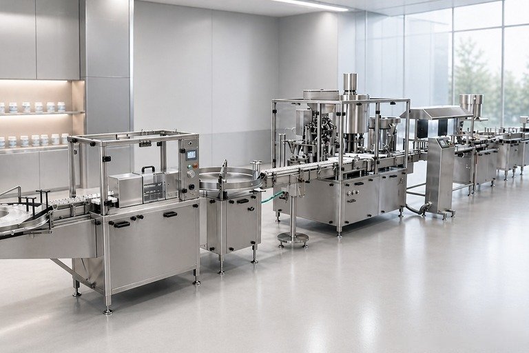 Automated stainless steel production line in a clean, bright facility with conveyor belts and filling machines.