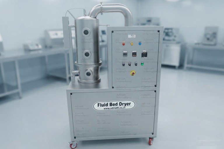 Fluid Bed Dryer on a wheeled cart in a lab, featuring a silver cylindrical chamber and a control panel with lights and switches.