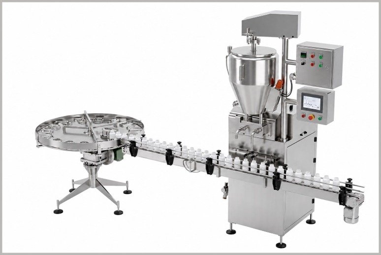 Automated bottle filling line with a rotary table and conveyor feeding small bottles across a stainless steel workstation.