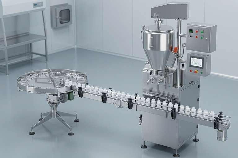 Automated pharmaceutical filling line in a sterile lab, filling small vials on a conveyor.