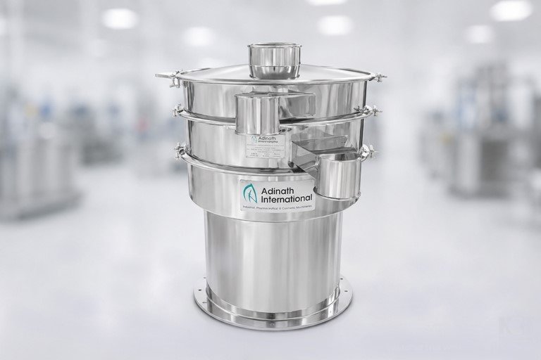 Stainless steel multi-tier pharmaceutical processing vessel with Adinath International logo in a bright lab setting